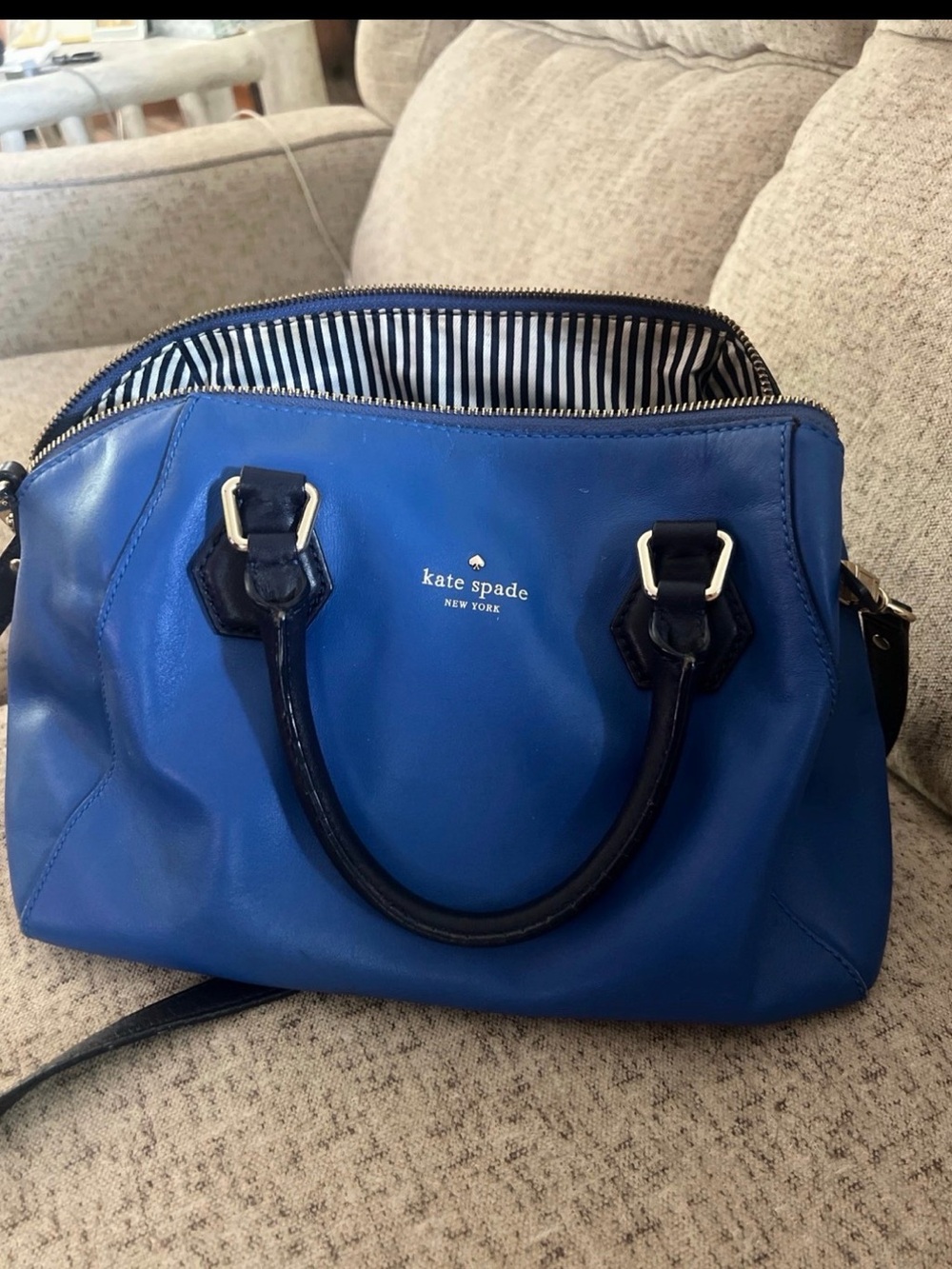 kate spade cobalt blue leather satchel with navy trim